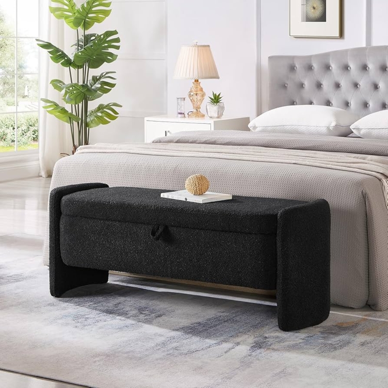 Storage Bench with Curved Ends, Black Boucle Fabric End of Bed Ottoman