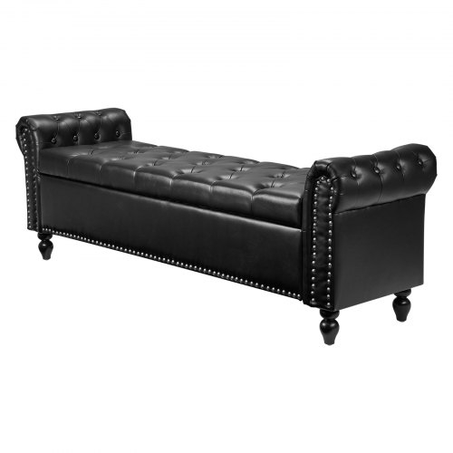 Storage Bench with Deep Tufting, Leather-Like Rolled Arm Ottoman Bench