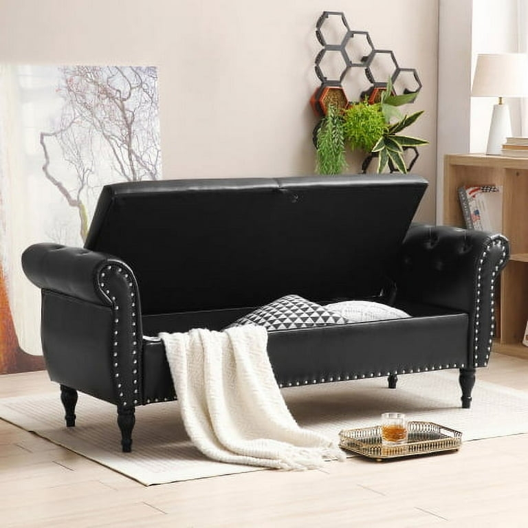 Storage Bench with Hinged Lid, Tufted Leather-Like Rolled Arm Bed Bench
