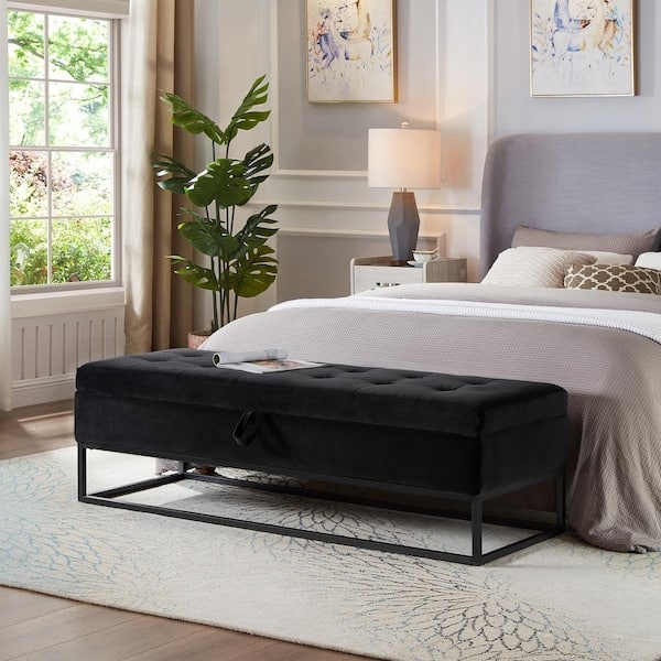 Storage Bench with Metal Sled Base, Tufted Velvet Modern End of Bed Bench