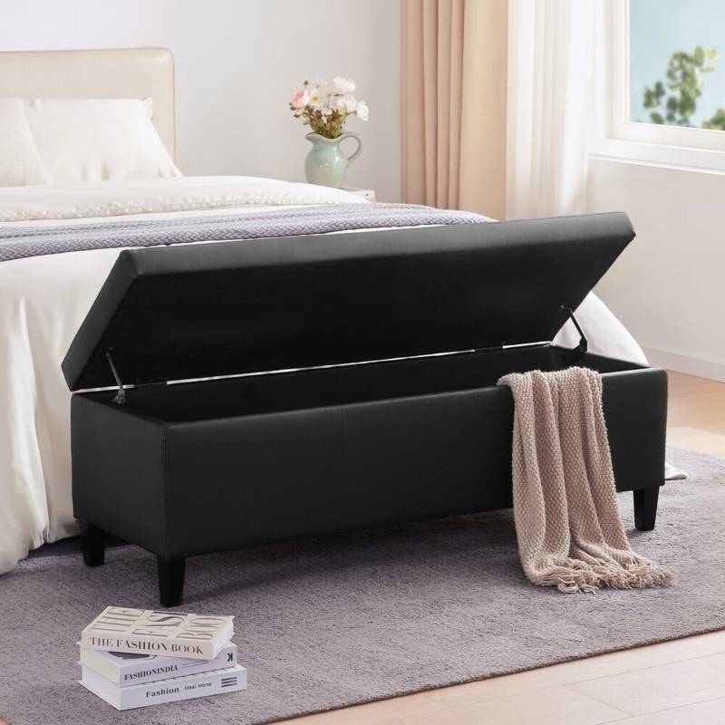 Storage Bench with Safety Hinges, Leather-Like Rectangular Ottoman