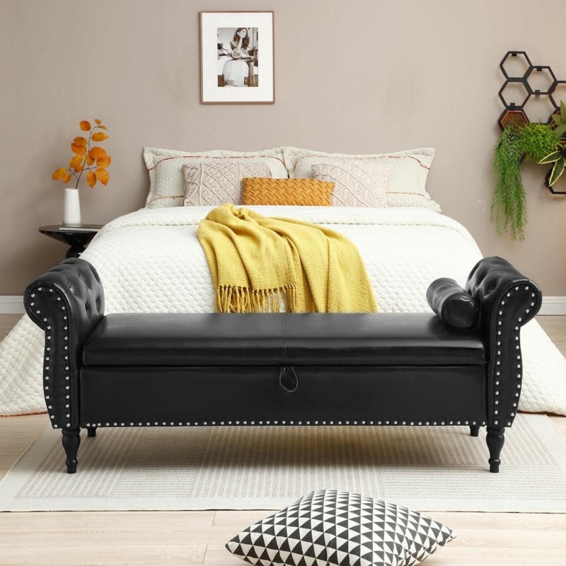 Storage Bench with Silver Nailhead Trim, Leather-Like Rolled Arm Storage