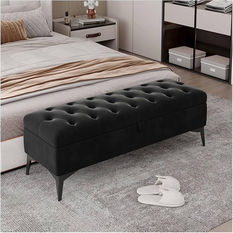 Storage Bench with Slender Metal Legs, Deep Tufted Black Velvet Ottoman