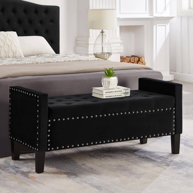 Storage Bench with Track Arms, Black Tufted Fabric & Nailhead Trim Glam