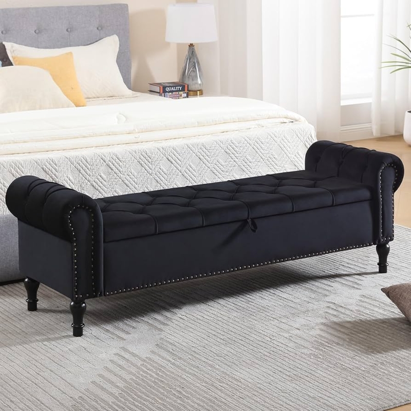 Storage Bench with Turned Legs, Tufted Velvet Rolled Arm Bed Ottoman