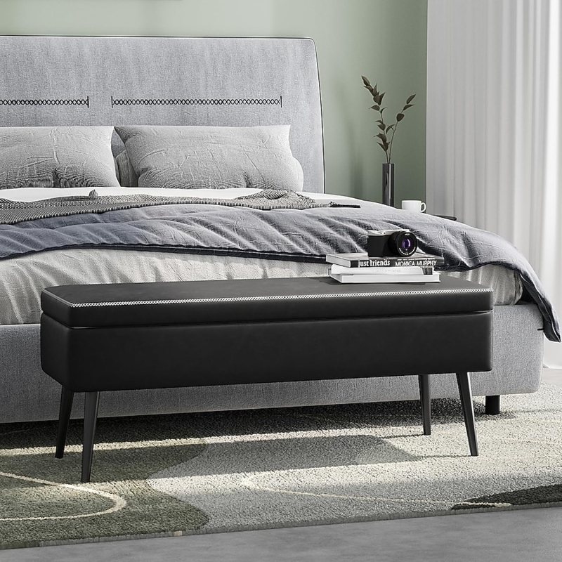 Storage Ottoman with Contrast Stitching, Leather-Like Tapered Leg Bench