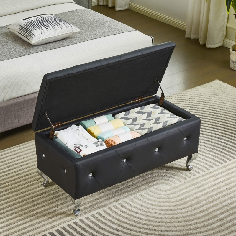 Storage Ottoman with Crystal Buttons, Leather-Like Cabriole Leg Footrest