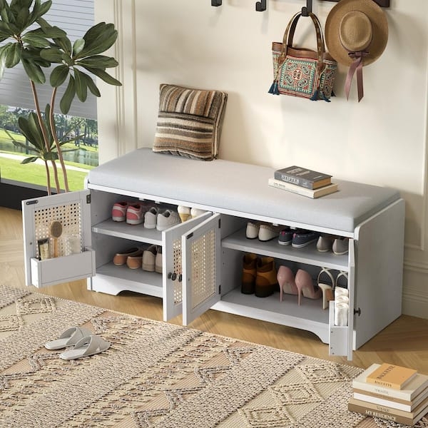 White Storage Bench Rattan Door Panels with Integrated Door Racks