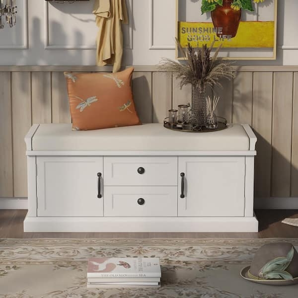 White Storage Bench with Mixed Drawers, Cabinets, and Cushion Seat