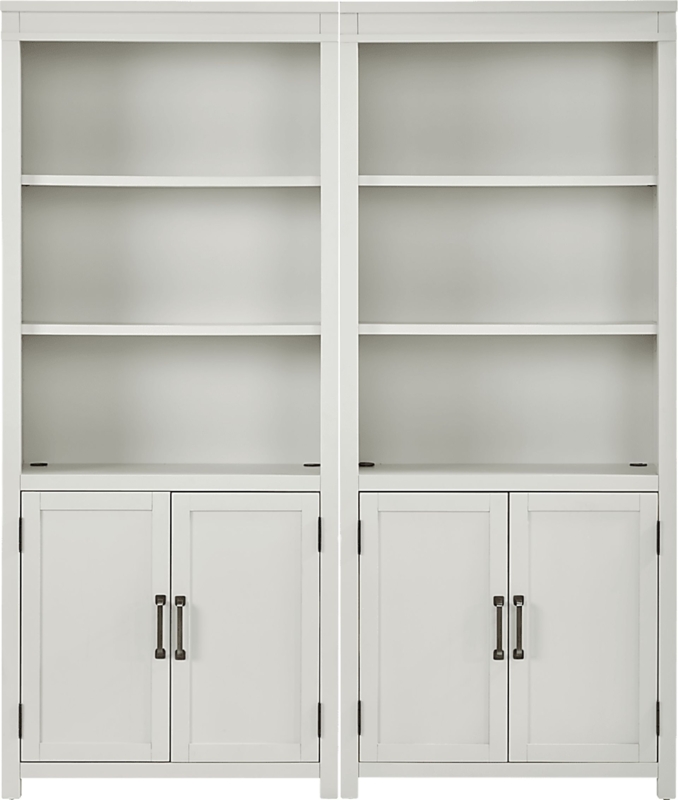 2-Piece White Bookcase Set with Shaker Doors and Crown Molding