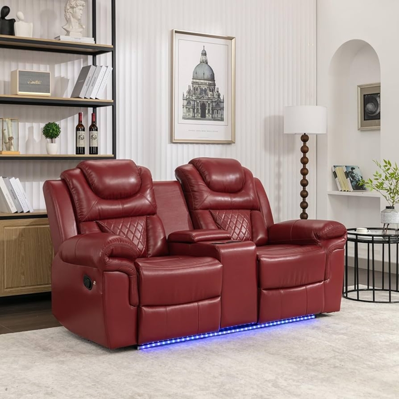 2-Seater Home Theater Reclining Loveseat with Center Console and LED