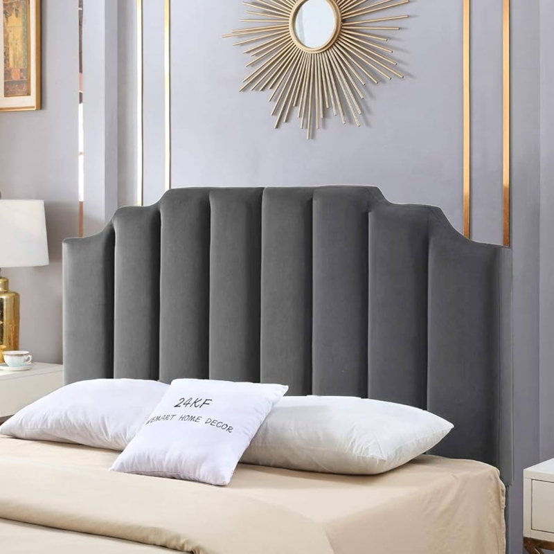 - 24KF Dark Gray Velvet Tufted Queen Upholstered Headboard,  Modern Vertical Channel Design California Queen/Full Headboard with Stepped  Silhouette Top Edge,Dark Gray