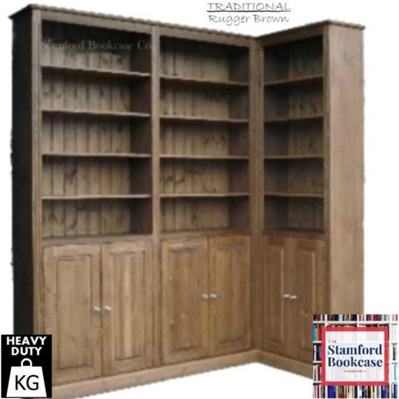 3-Bay Corner Library Bookcase Rugger Brown Paneled Cupboards