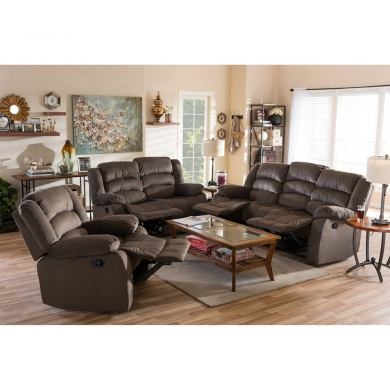 3-Piece Motion Living Room Set in Taupe with Overstuffed Lumbar