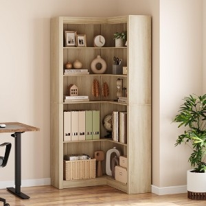 5-Tier Corner Bookshelf Light Oak L-Shaped Farmhouse Open Shelving
