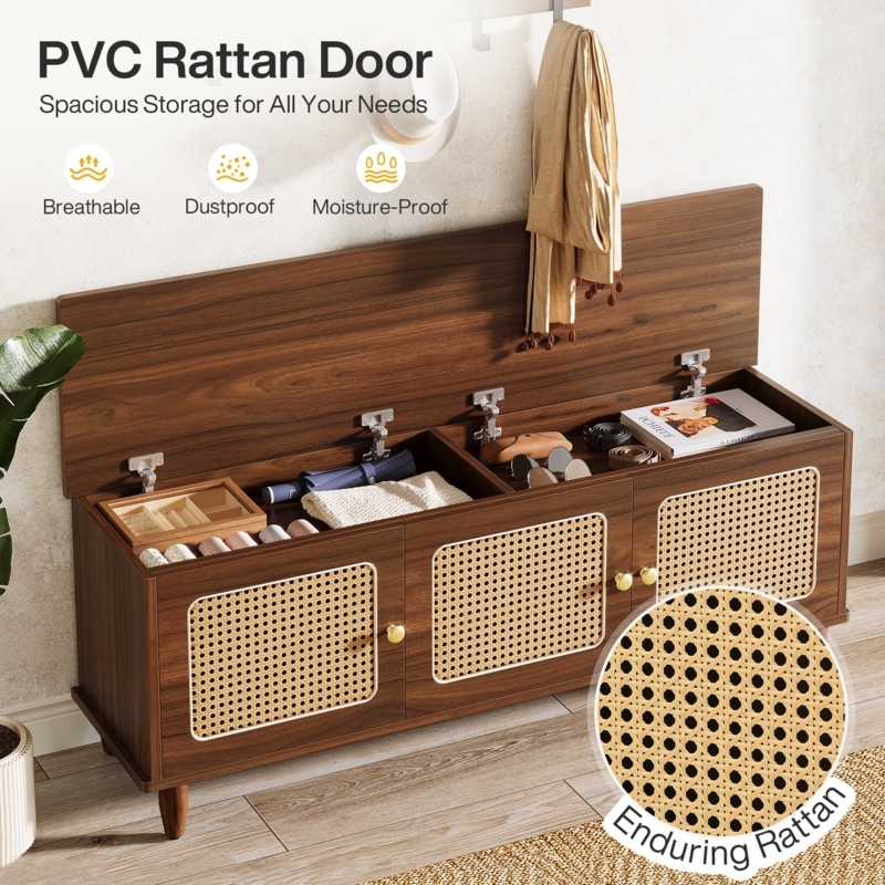 55 Inch Walnut Storage Bench with PVC Rattan Cabinet Doors