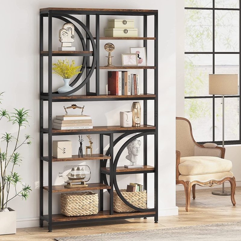 8-Tier Industrial Etagere Bookcase with Circular Geometric Accents