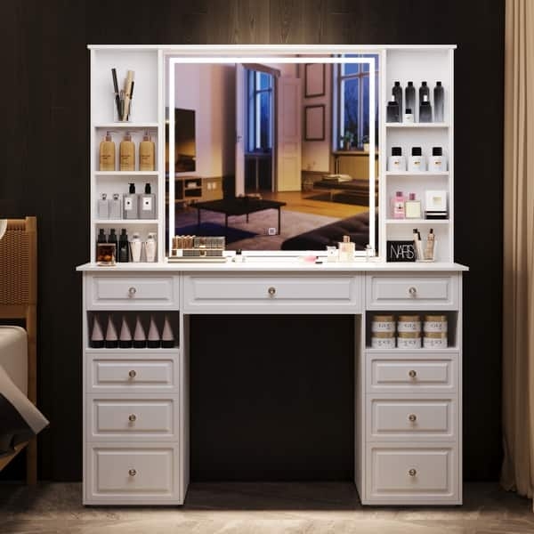 9-Drawer Makeup Desk with Integrated LED Mirror & Side Shelves