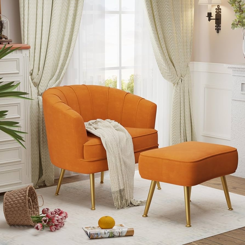 Accent Chair and Ottoman Set Orange Velvet Barrel Back Gold Legs