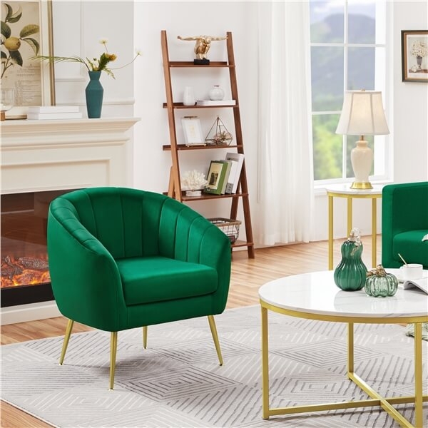 Accent Chair, Barrel Velvet, Channel Tufted, Gold Legs