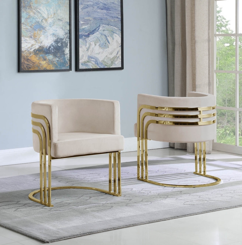 Accent Chair: Beige Velvet Channel Tufted Back with Gold Linear Frame