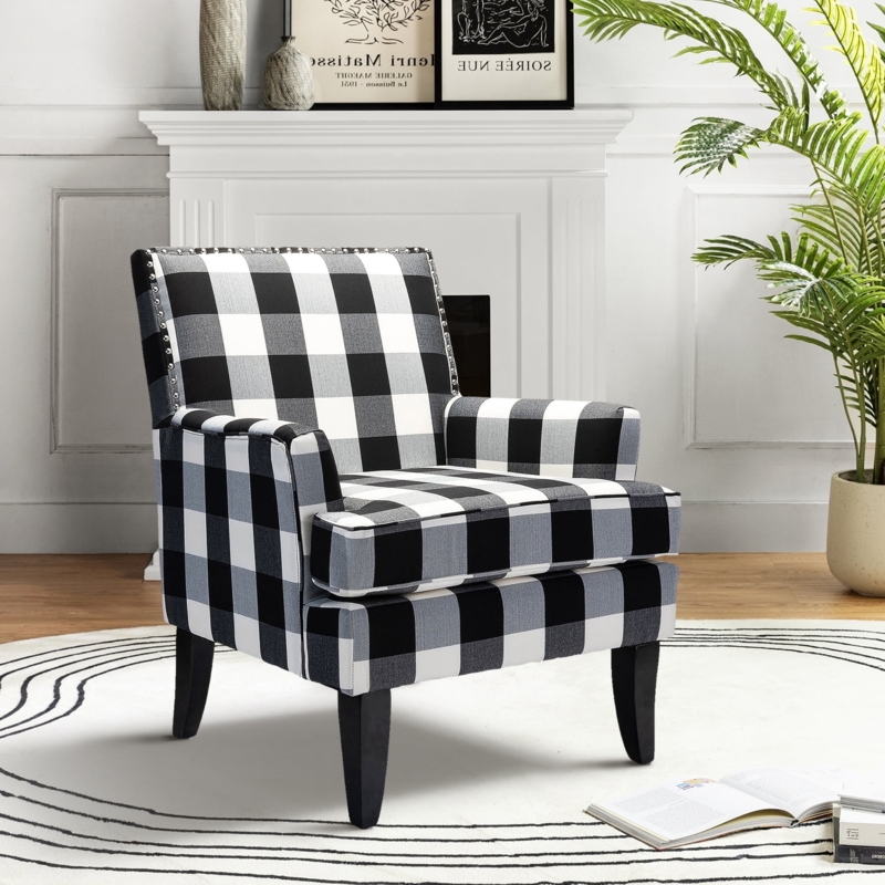 Accent Chair, Black and White Buffalo Plaid with Nailhead Trim