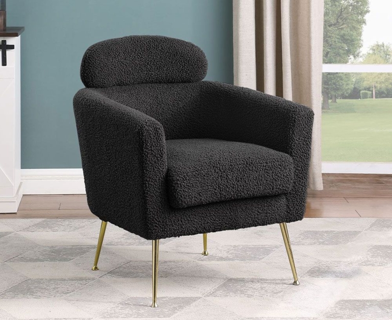 Accent Chair Black Boucle Gold Legs Glam Barrel Lounge Seating