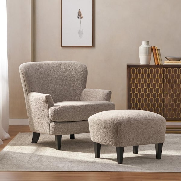 Accent Chair Boucle Texture Stone Gray with Ottoman and Black Legs