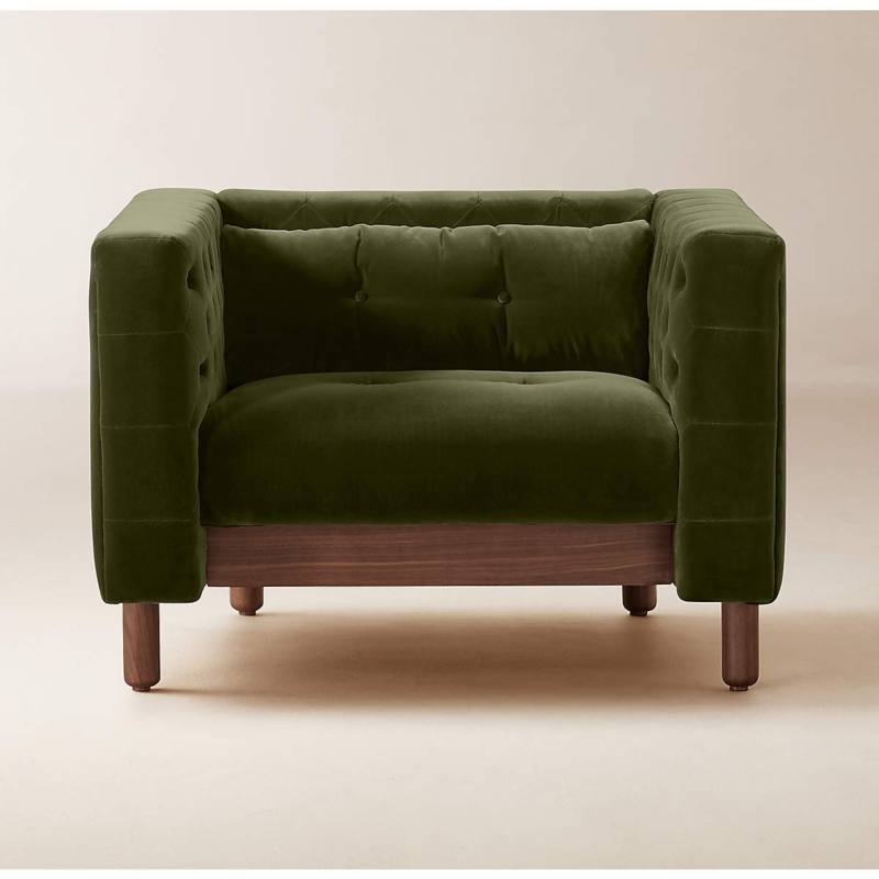 Accent Chair, Boxy Velvet, Tufted Interior, Exposed Wood Base