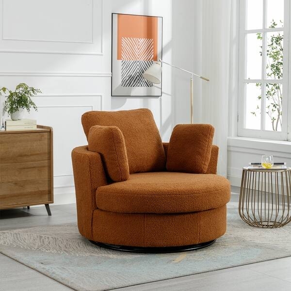 Accent Chair Burnt Orange Boucle Swivel Barrel