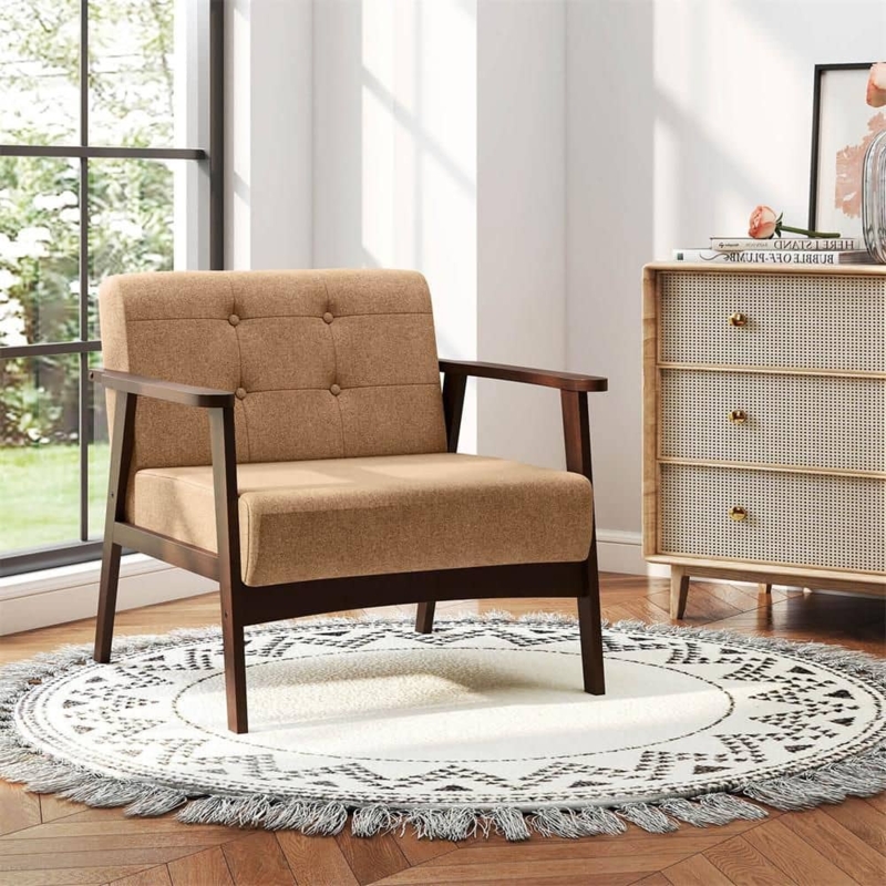 Accent Chair Button Tufted Walnut Frame Beige Mid Century Modern