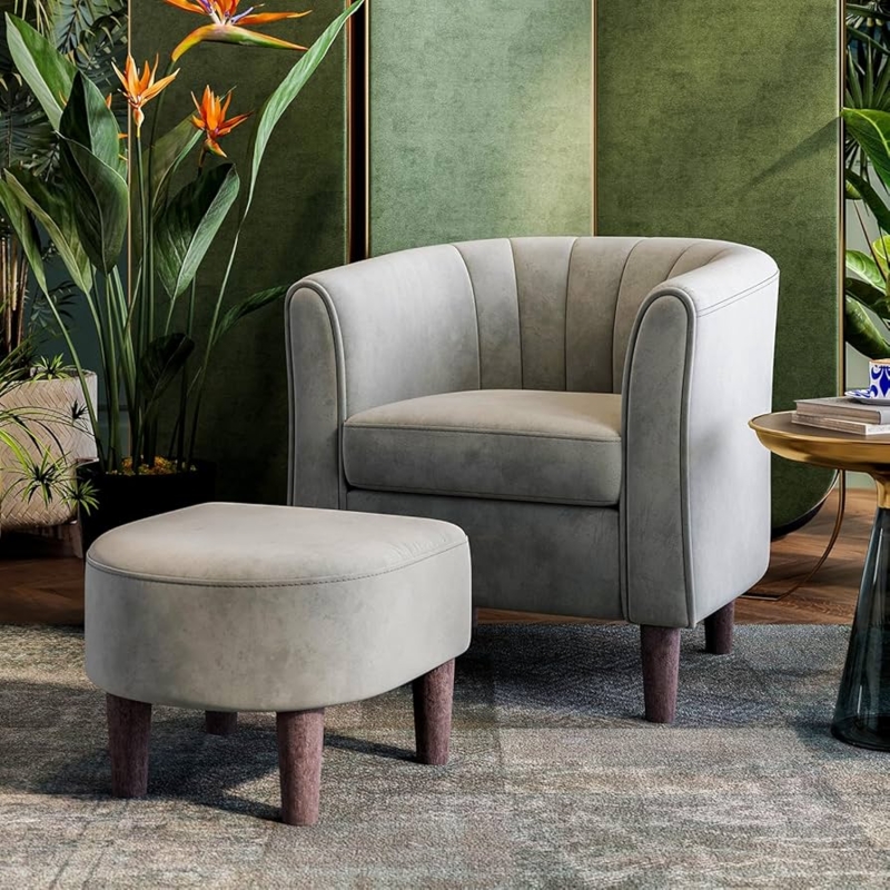 Accent Chair Channel Tufted Grey Velvet with Ottoman and Tapered Legs