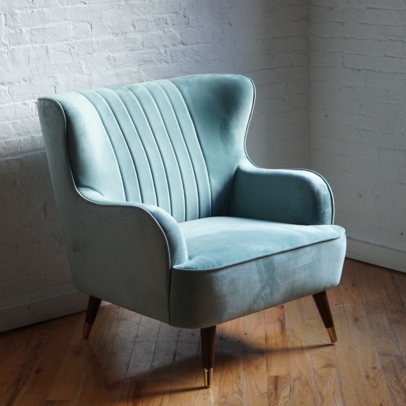 Accent Chair Channel Tufted Seafoam Velvet with Gold Capped Legs