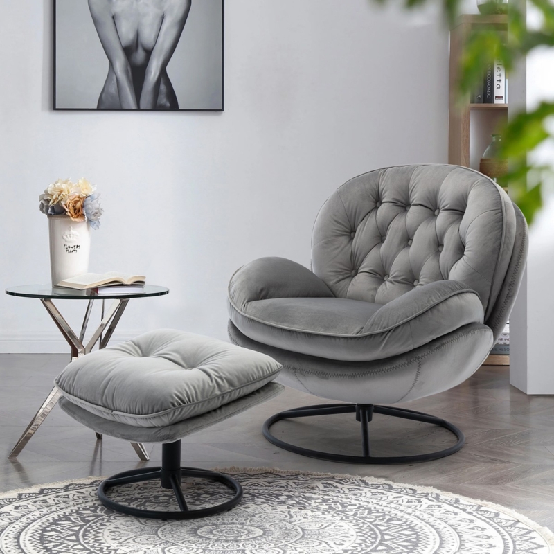 Accent Chair Contemporary Swivel Lounge Chair, Grey Velvet with Ottoman