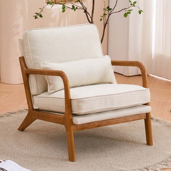 Accent Chair, Curved Wood Armrests, Linen-Like. Modern Cream Chair.