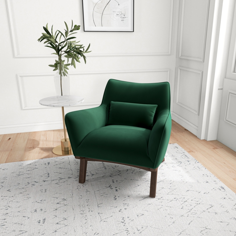 Accent Chair Dark Green Velvet Matching Lumbar Pillow Tapered Wood Legs