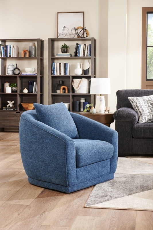 Accent Chair, Denim Blue Chenille Swivel Barrel with Pillow