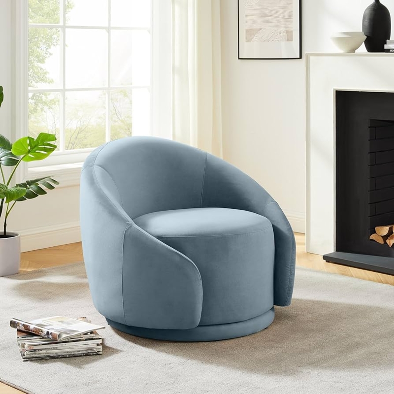 Accent Chair, Dusty Blue Velvet Swivel Barrel with Curved Arms