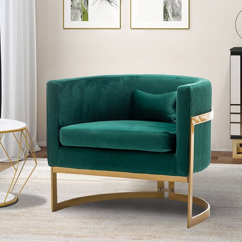 Accent Chair Emerald Green Velvet Barrel Back Curved Gold Base