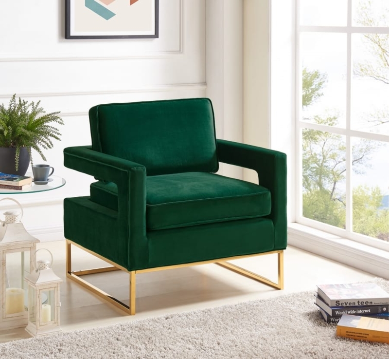 Accent Chair Emerald Green Velvet Gold Sled Base Geometric Arm Cutouts