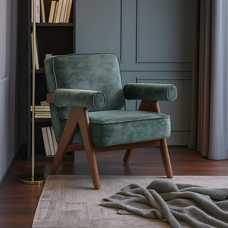 Accent Chair, Forest Green Chenille Velvet, Cylindrical Arms