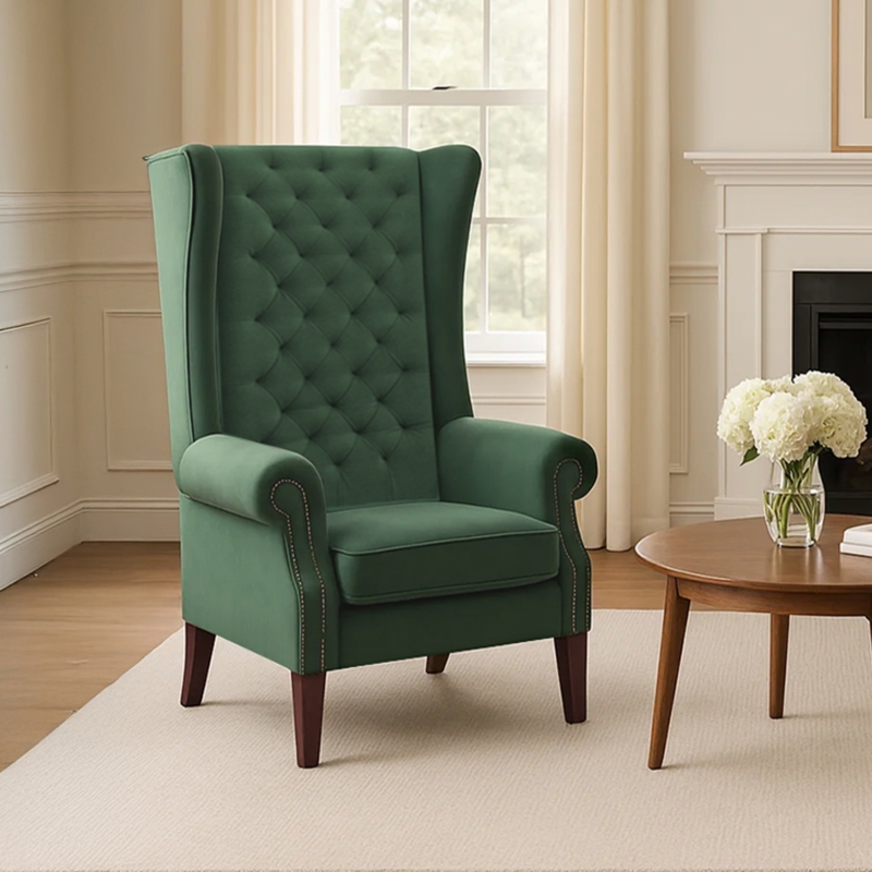 Accent Chair Forest Green Wingback Diamond Tufting Brass Nailhead Trim