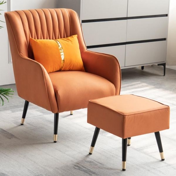 Accent Chair Gold Tipped Legs Orange Channel Tufting with Ottoman