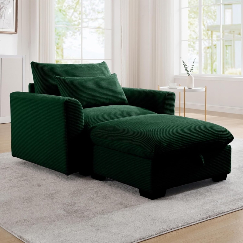 Accent Chair In Forest Green Corduroy With Ottoman