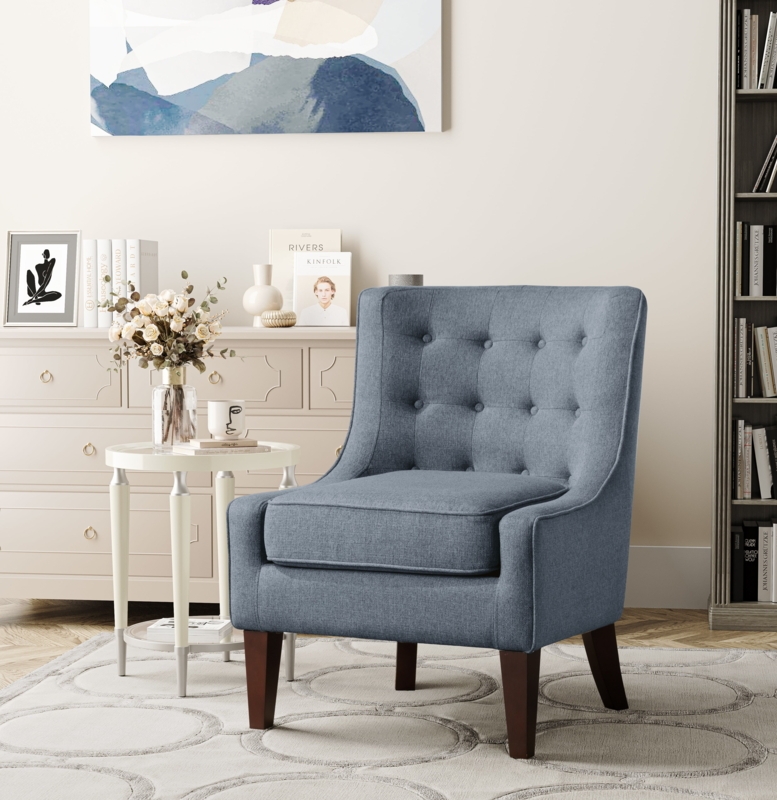 Accent Chair in Slate Blue Fabric with Button Tufting and Tapered Legs