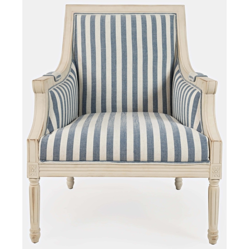 Accent Chair in Whitewashed Wood with Blue Ticking Stripe