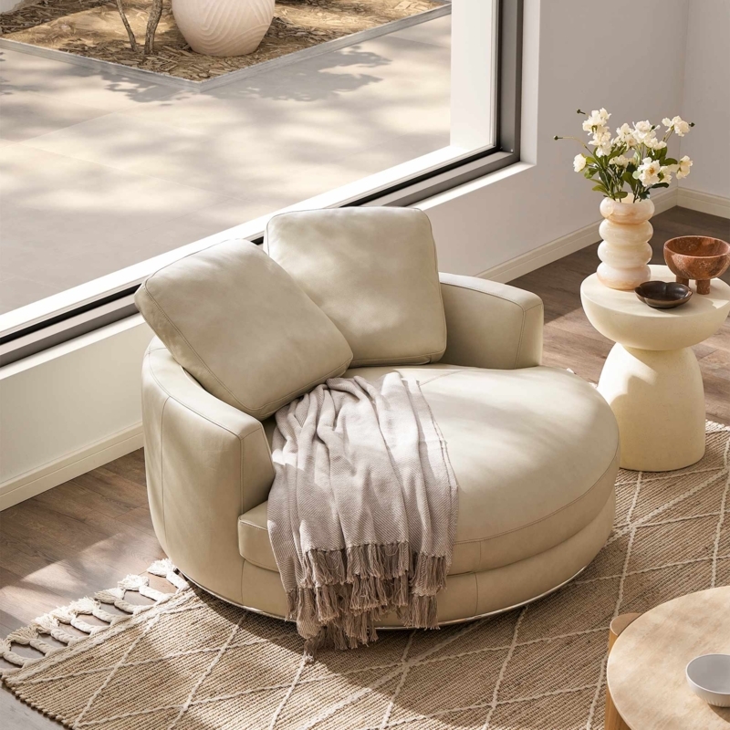Accent Chair Ivory Leather-Like Round Swivel Chair