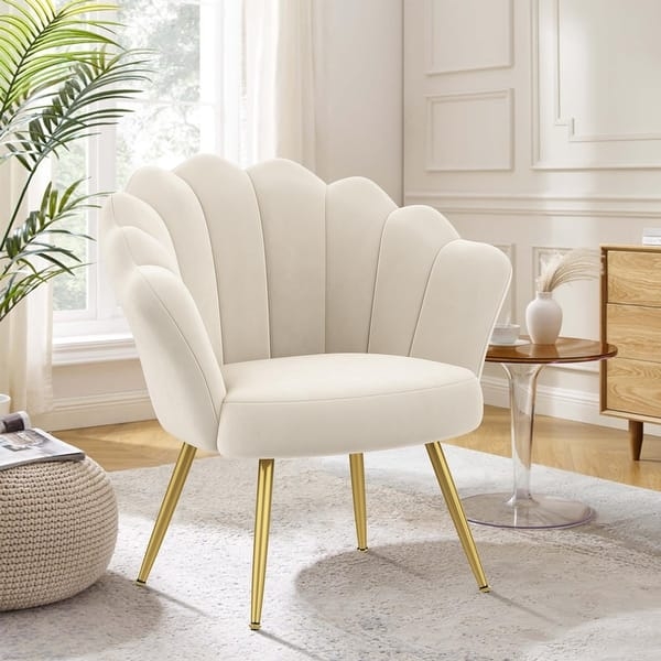 Accent Chair Ivory Velvet Shell Shape Channeled Back Gold Legs Glam