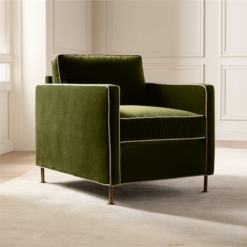 Accent Chair, Jade Green Velvet, Boxy Silhouette, Contrast Piping