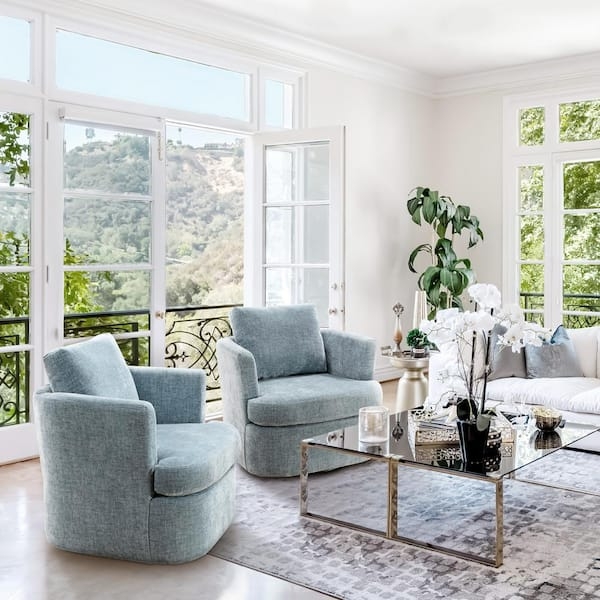 Accent Chair, Light Blue Woven Barrel Swivel with Loose Cushion